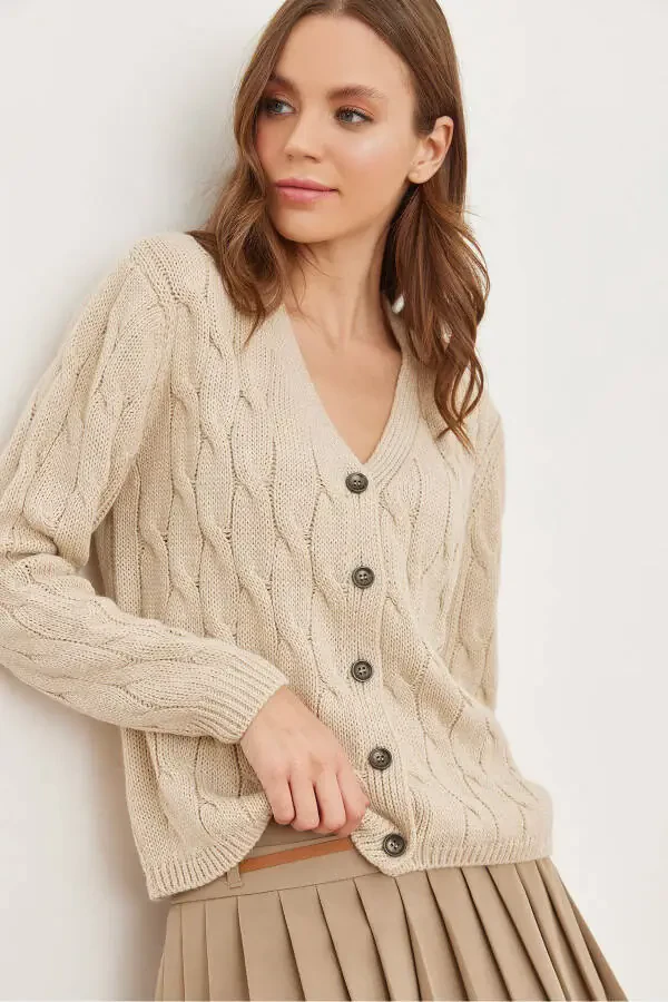 Women's Stone Cable Knit Cardigan HRK-19000298 - 1