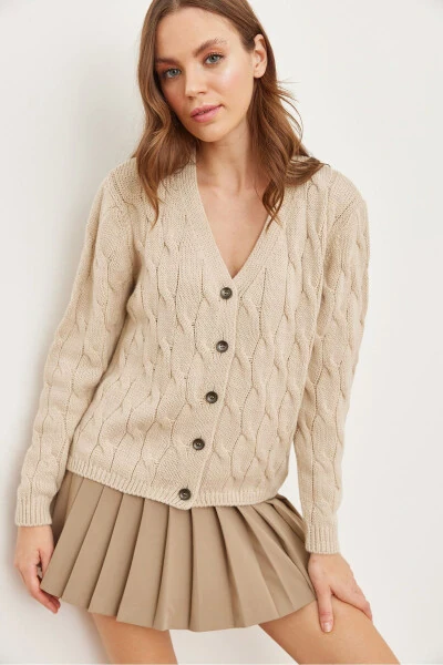 Women's Stone Cable Knit Cardigan HRK-19000298 - OLALOOK (1)