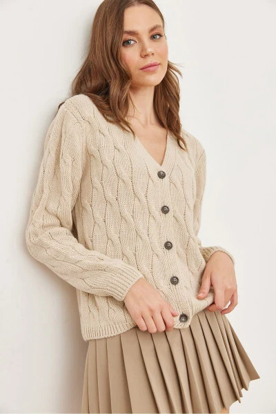 Women's Stone Cable Knit Cardigan HRK-19000298 - 3