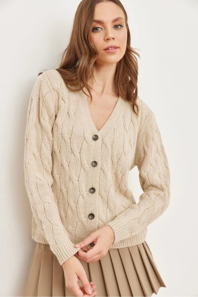 Women's Stone Cable Knit Cardigan HRK-19000298 - 4