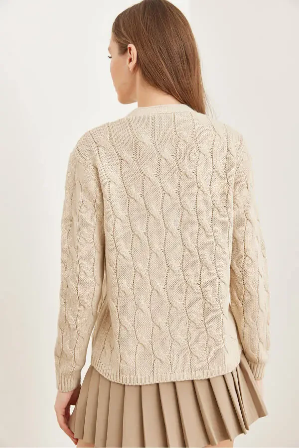 Women's Stone Cable Knit Cardigan HRK-19000298 - 6