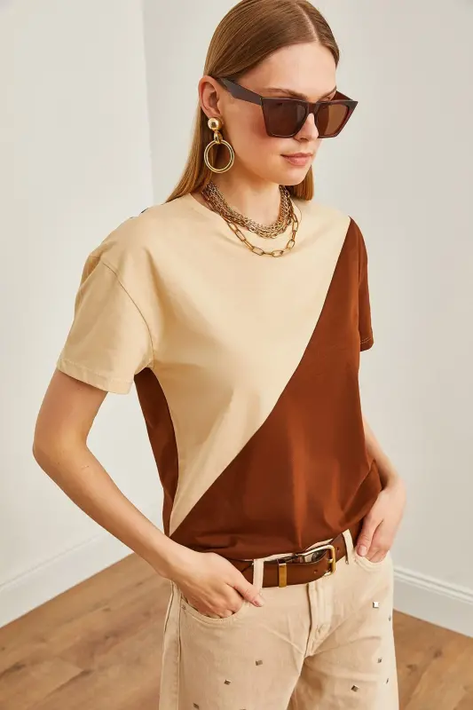 Women's Stone Coffee Asymmetric Blocked T-Shirt TSH-190003 - 3