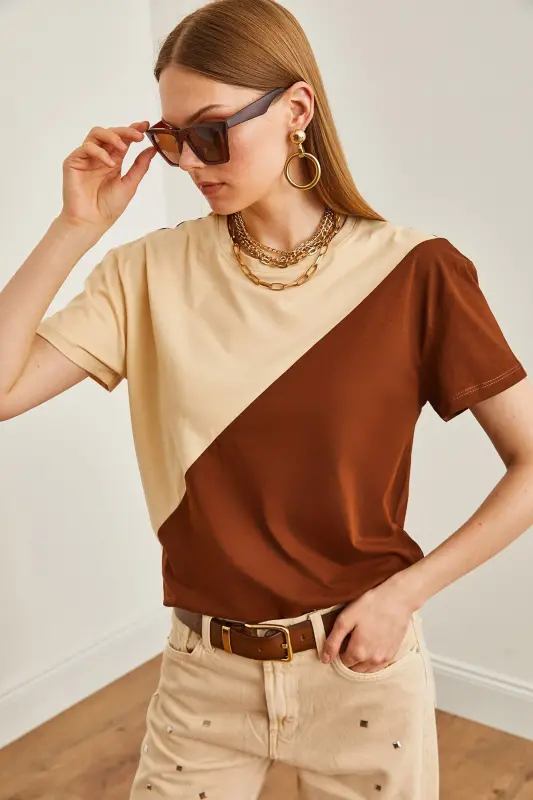 Women's Stone Coffee Asymmetric Blocked T-Shirt TSH-190003 - 4