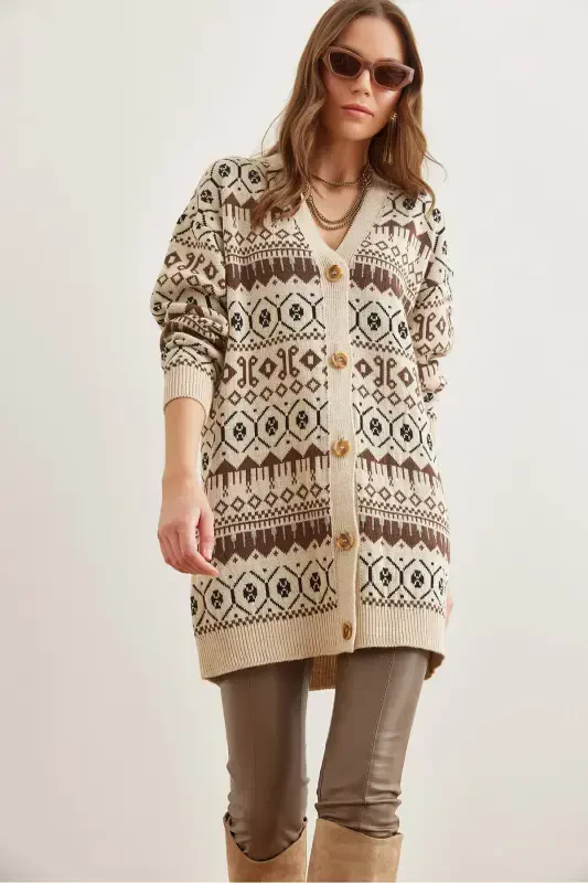 Women's Stone Coffee Ethnic Patterned Oversize Knitted Cardigan HRK-19000300-Stone Coffee - 1