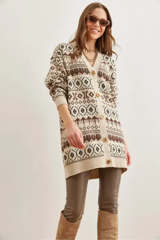 Women's Stone Coffee Ethnic Patterned Oversize Knitted Cardigan HRK-19000300-Stone Coffee - 2