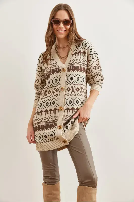 Women's Stone Coffee Ethnic Patterned Oversize Knitted Cardigan HRK-19000300-Stone Coffee - 3