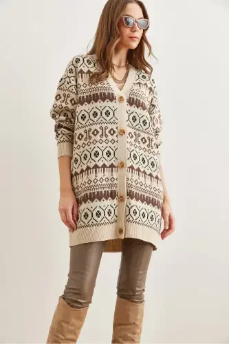 Women's Stone Coffee Ethnic Patterned Oversize Knitted Cardigan HRK-19000300-Stone Coffee - 4