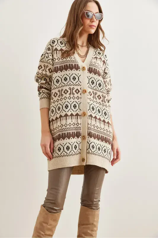 Women's Stone Coffee Ethnic Patterned Oversize Knitted Cardigan HRK-19000300-Stone Coffee - 4