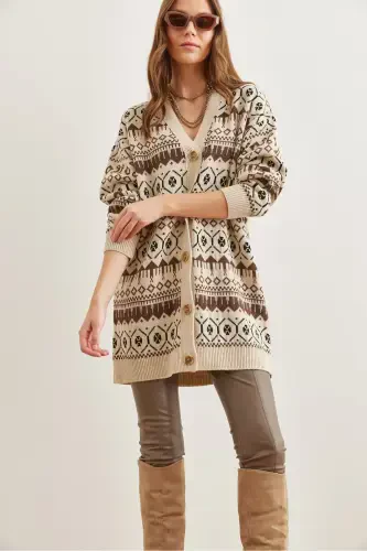 Women's Stone Coffee Ethnic Patterned Oversize Knitted Cardigan HRK-19000300-Stone Coffee - 5