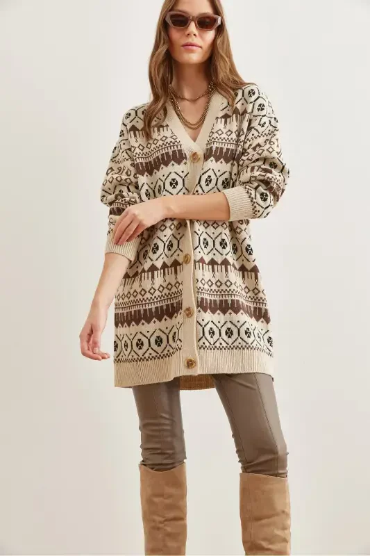 Women's Stone Coffee Ethnic Patterned Oversize Knitted Cardigan HRK-19000300-Stone Coffee - 5
