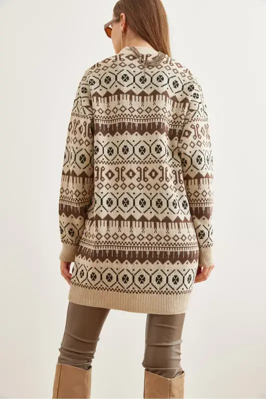 Women's Stone Coffee Ethnic Patterned Oversize Knitted Cardigan HRK-19000300-Stone Coffee - 6