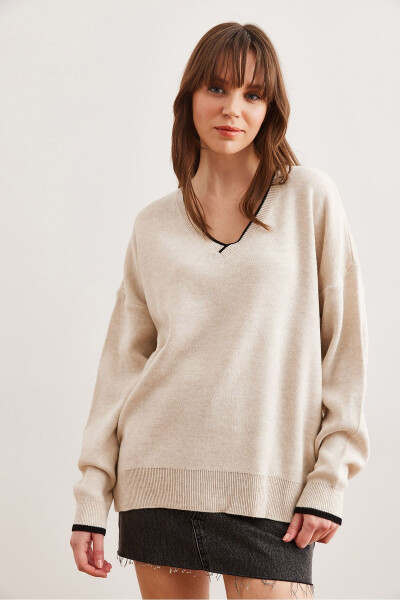 Women's Stone-Collar Detailed Striped Thick Knit Sweater KZK-19000924 - 2