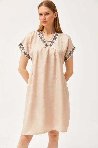 Women's Stone Collar Lace Linen Dress ELB-19002077 - 1