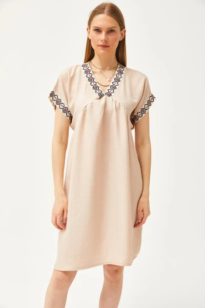 Women's Stone Collar Lace Linen Dress ELB-19002077 - 2