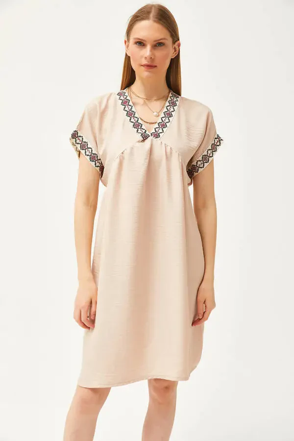 Women's Stone Collar Lace Linen Dress ELB-19002077 - 2