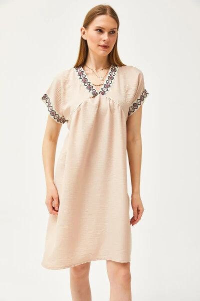 Women's Stone Collar Lace Linen Dress ELB-19002077 - 3