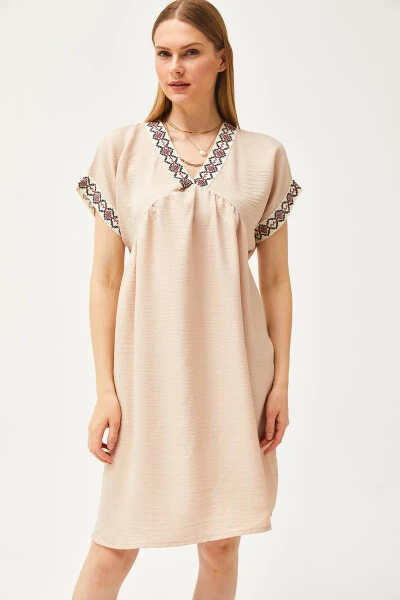 Women's Stone Collar Lace Linen Dress ELB-19002077 - 4
