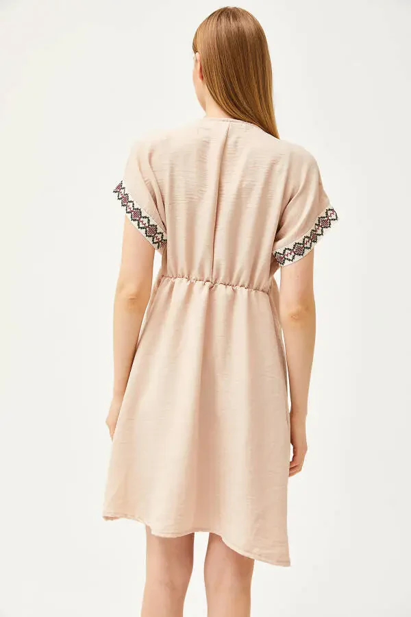 Women's Stone Collar Lace Linen Dress ELB-19002077 - 5