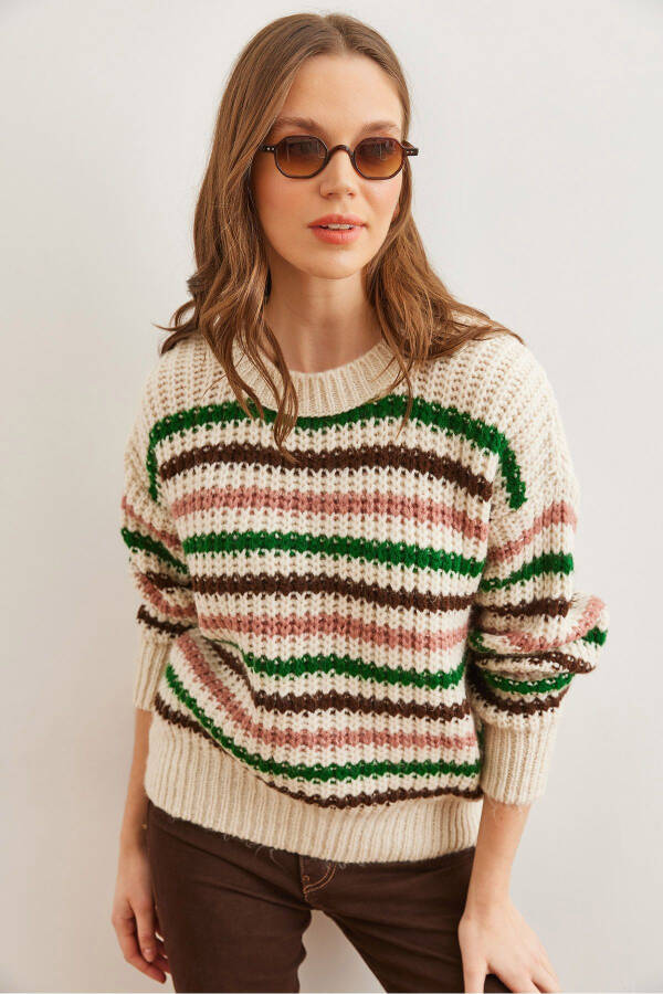 Women's Stone Color Striped Knitwear Sweater with Thick Soft Texture KZK-19000917 - 1