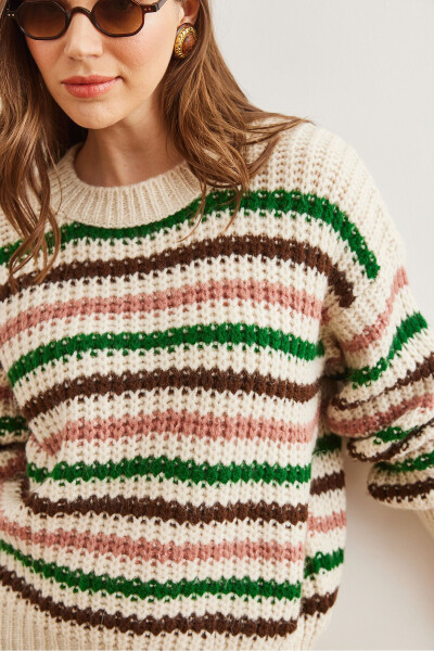 Women's Stone Color Striped Knitwear Sweater with Thick Soft Texture KZK-19000917 - 4