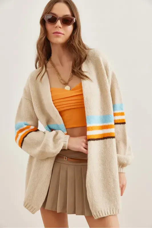 Women's Stone Colored Striped Soft Textured Tricot Cardigan HRK-19000299-Stone - 1