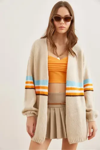 Women's Stone Colored Striped Soft Textured Tricot Cardigan HRK-19000299-Stone - OLALOOK (1)