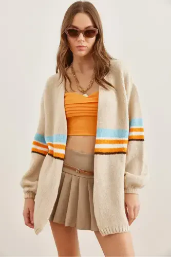 Women's Stone Colored Striped Soft Textured Tricot Cardigan HRK-19000299-Stone - 3