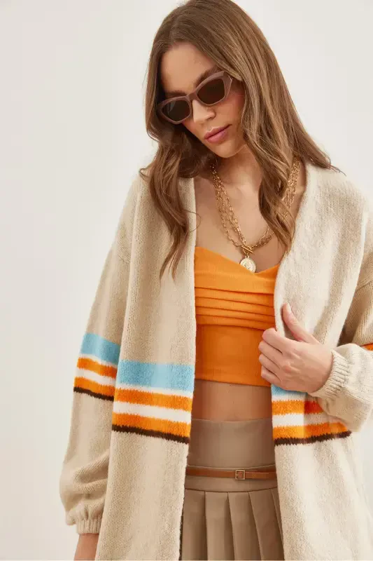 Women's Stone Colored Striped Soft Textured Tricot Cardigan HRK-19000299-Stone - 4