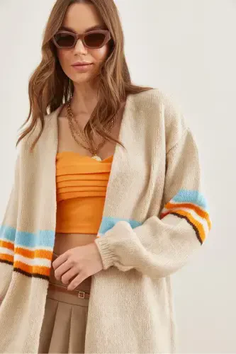Women's Stone Colored Striped Soft Textured Tricot Cardigan HRK-19000299-Stone - 5
