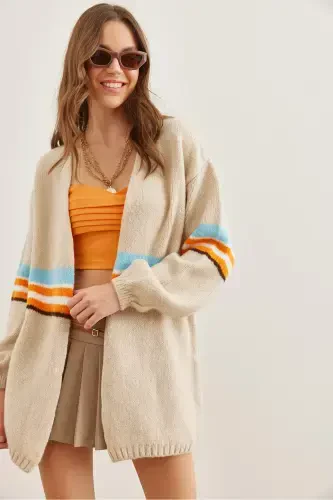 Women's Stone Colored Striped Soft Textured Tricot Cardigan HRK-19000299-Stone - 6