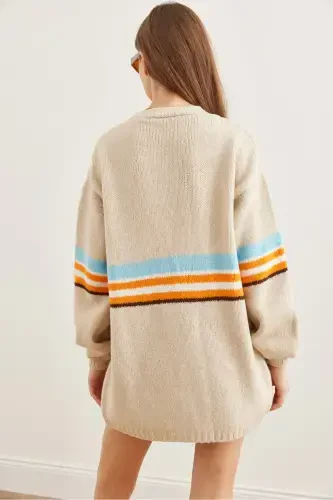 Women's Stone Colored Striped Soft Textured Tricot Cardigan HRK-19000299-Stone - 7