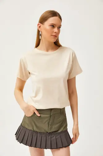 Women's Stone Crew Neck Basic T-Shirt TSH-19000774- - OLALOOK (1)