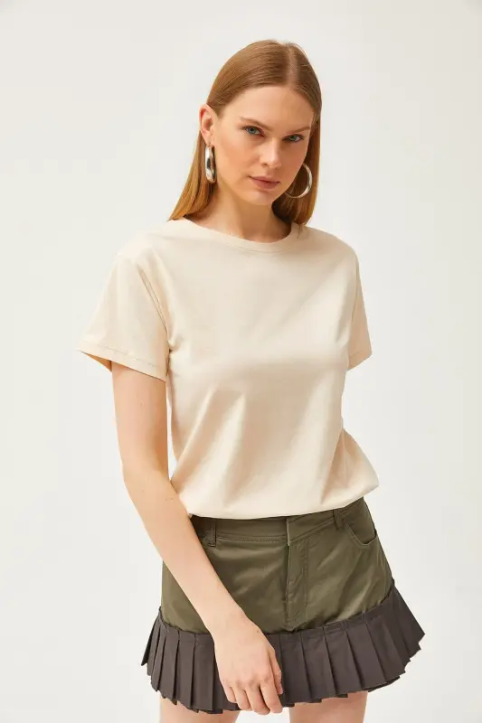 Women's Stone Crew Neck Basic T-Shirt TSH-19000774- - 4