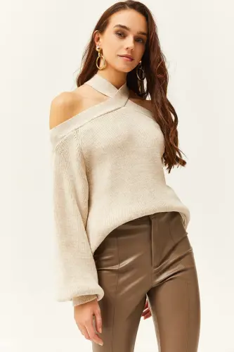 Women's Stone Criss Cross Neck Knitwear Sweater KZK-19000192-Stone 