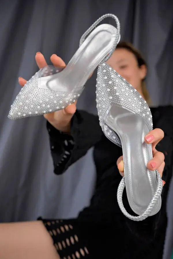 Women's Stone Detail Transparent High Heel Shoes Silver Special Design Bridal Shoes - 2