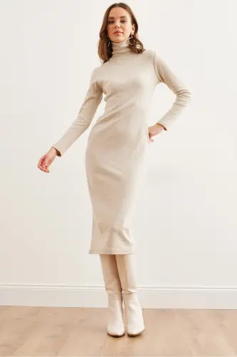 Women's Stone Detailed Fisherman's Sherpa Midi Dress ELB-190 - 3