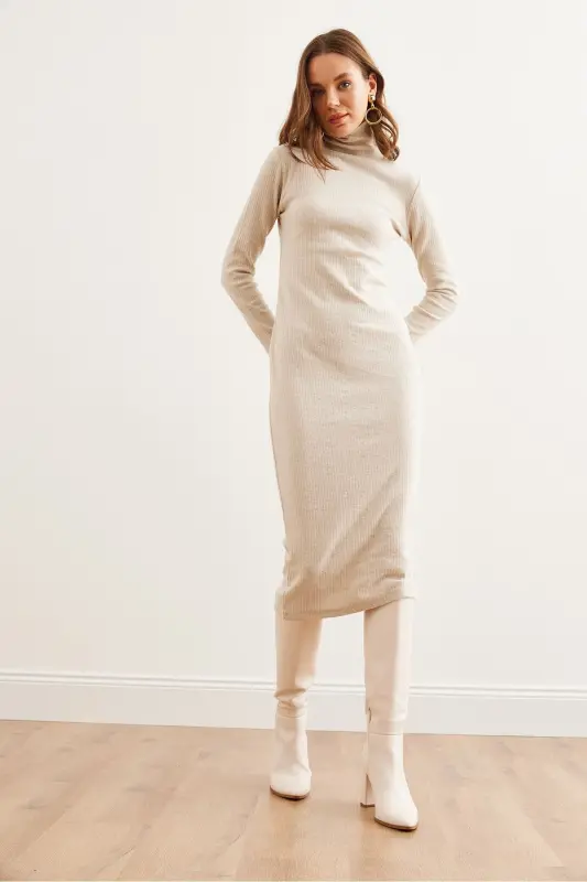 Women's Stone Detailed Fisherman's Sherpa Midi Dress ELB-190 - 4