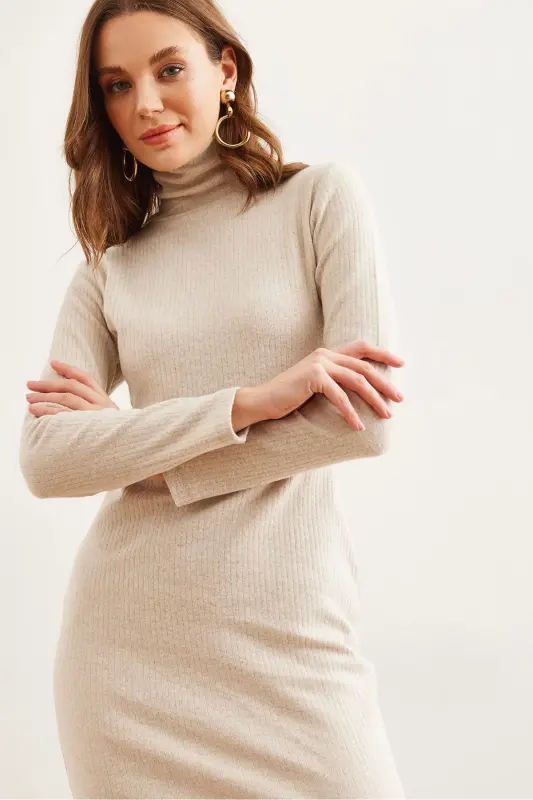 Women's Stone Detailed Fisherman's Sherpa Midi Dress ELB-190 - 7