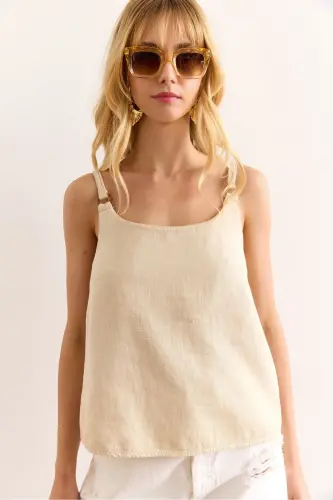 Women's Stone Detailed Washed Thick Linen Blouse 