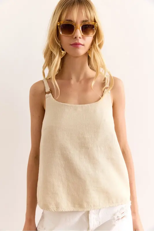 Women's Stone Detailed Washed Thick Linen Blouse - OLALOOK