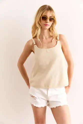 Women's Stone Detailed Washed Thick Linen Blouse - OLALOOK (1)