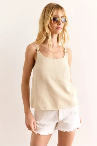 Women's Stone Detailed Washed Thick Linen Blouse - 3