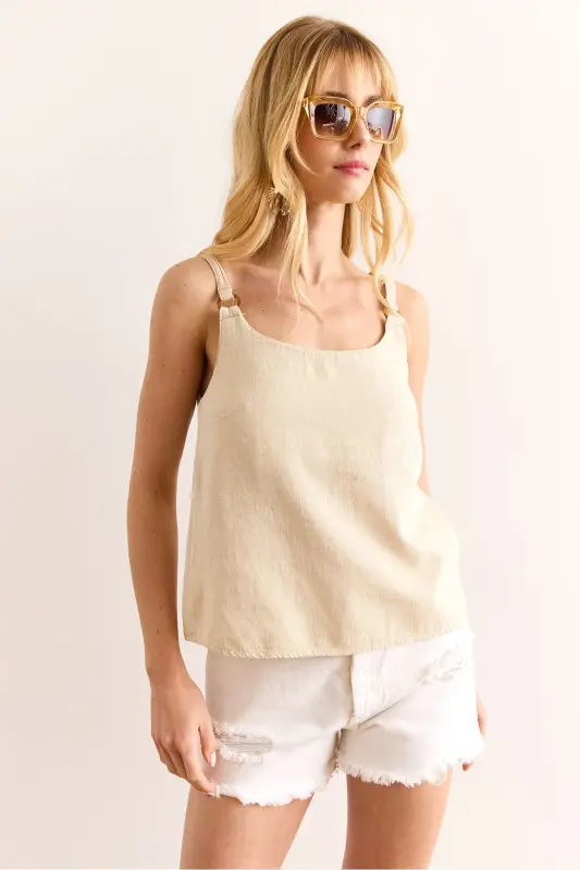 Women's Stone Detailed Washed Thick Linen Blouse - 3
