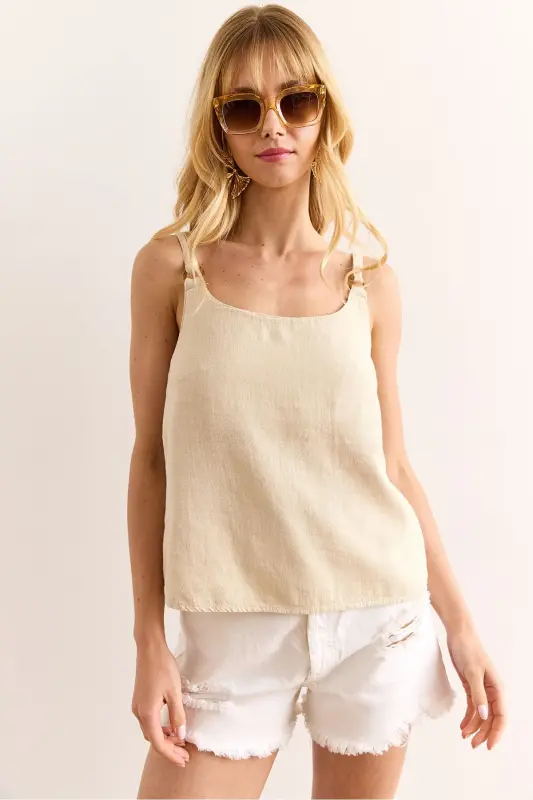 Women's Stone Detailed Washed Thick Linen Blouse - 4