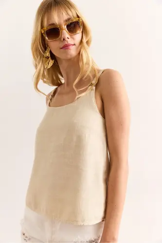 Women's Stone Detailed Washed Thick Linen Blouse - 5