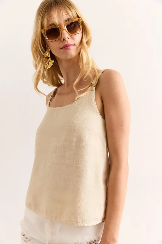 Women's Stone Detailed Washed Thick Linen Blouse - 5