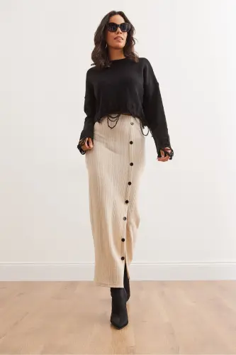 Women's Stone Elastic Waist Buttoned Slit Long Skirt - 4