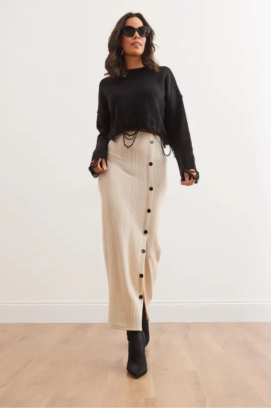 Women's Stone Elastic Waist Buttoned Slit Long Skirt - 4