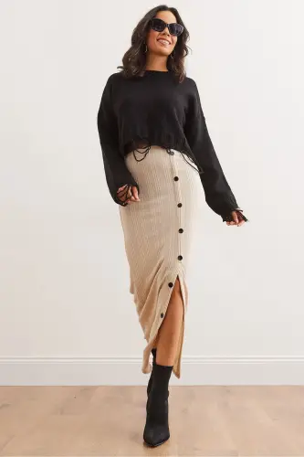 Women's Stone Elastic Waist Buttoned Slit Long Skirt - 5