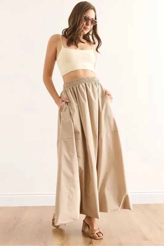 Women's Stone Elastic Waist Maxi Balloon Parachute Bell Skirt - OLALOOK